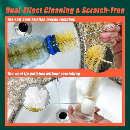 9-Pack Thin Long Handle Bottle Brushes, Stainless Steel Wire Cleaners with Boar Bristle & Wool Tip, Flexible Narrow Neck Cleaner for Wine Bottles, Tubes, Straws, Pipe, Hose & Decanter