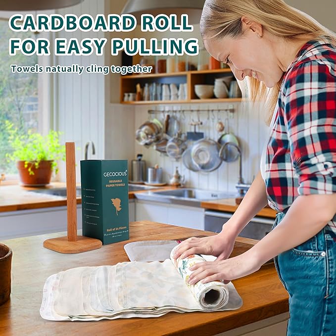 Reusable Paper Towels Washable Roll of 24 Paperless Kitchen Cotton Cloth - Super Soft Zero Waste Paper Towel Replacement