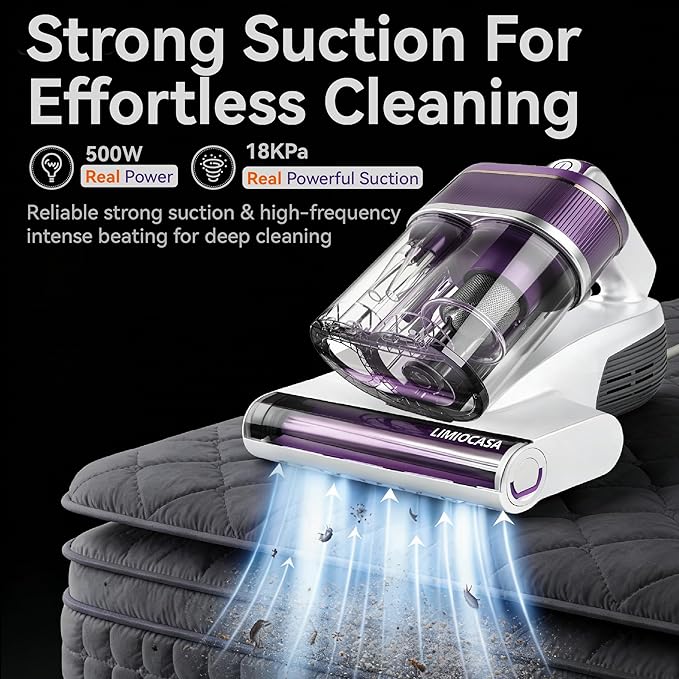 Bed Vacuum Cleaner 18KPa & 500W Powerful Suction, Visible Dust Sensor, 149°F Heat & UV-C Light, Mattress Deep Cleaning with HEPA Filter for Bed Couch Carpet (Corded)