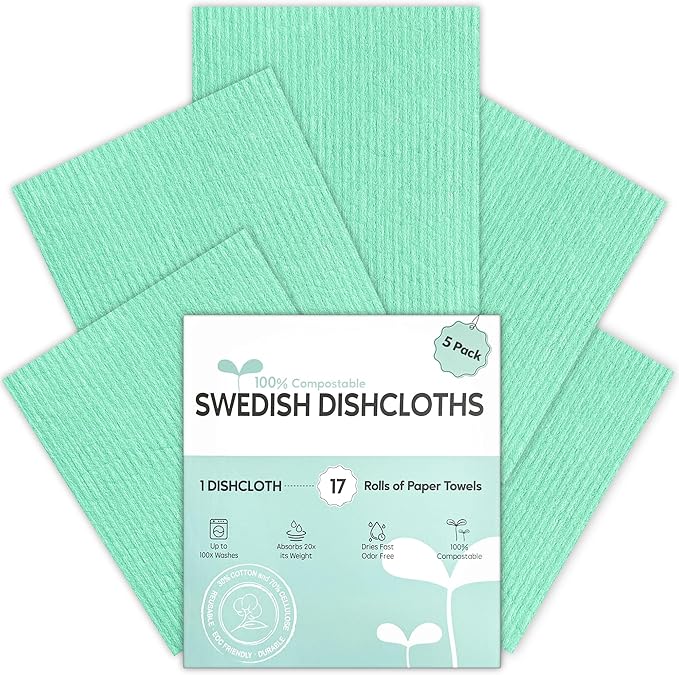 Swedish Dishcloths for Kitchen, 5 Pack Swedish Dish Cloths, Ultra Absorbent Reusable Paper Towels, Cellulose Sponge Cloths, Quick Drying, No Odor, Dishwasher Safe Mint Green