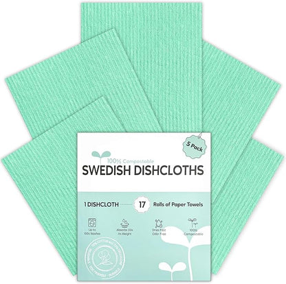 Swedish Dishcloths for Kitchen, 5 Pack Swedish Dish Cloths, Ultra Absorbent Reusable Paper Towels, Cellulose Sponge Cloths, Quick Drying, No Odor, Dishwasher Safe Mint Green