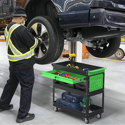 3 Tray Rolling Tool Cart with Drawers, 400 LBS Capacity Mechanic Tool Cart on Wheels, Heavy Duty Utility Cart with Pegboard, Metal Work Cart for Garage and Repair Shop, Blackgreen