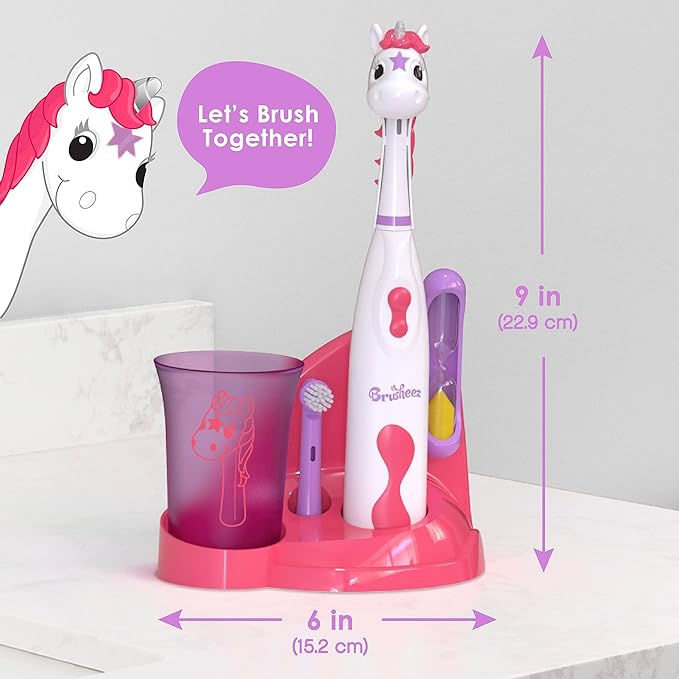 Brusheez Kids’ Electric Toothbrush Set - Safe & Effective for Ages 3+ - Parent Tested & Approved with Gentle Bristles, 2 Brush Heads, Rinse Cup, 2-Minute Timer, & Storage Base (Sparkle the Unicorn)