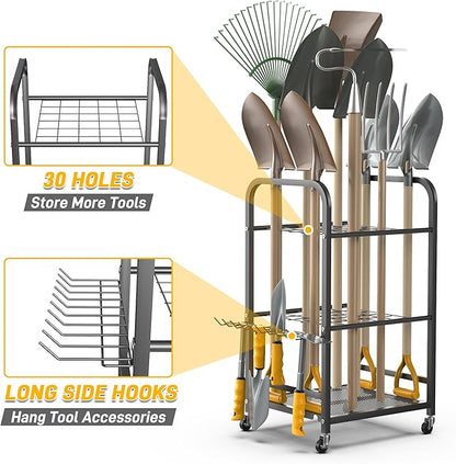 Ultrawall Garden Tool Organizer Stand, Yard Tool Storage Rack with Lockable Wheels, Garage Tool Storage for Rake, Brooms, Indoor & Outdoor Use