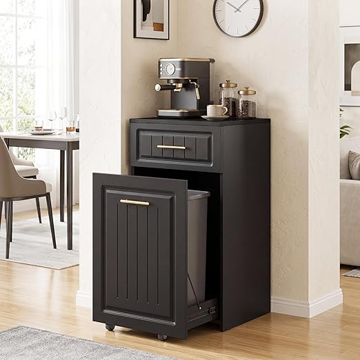 ZIFTY Pull Out Trash Can Cabinet for 13 Gallon Bin, Freestanding Kitchen Trash Bin Cabinet with Hideaway Drawer, Pet Proof Hidden Garbage Recycling Cabinet for Kitchen, Laundry, Living Room, Black