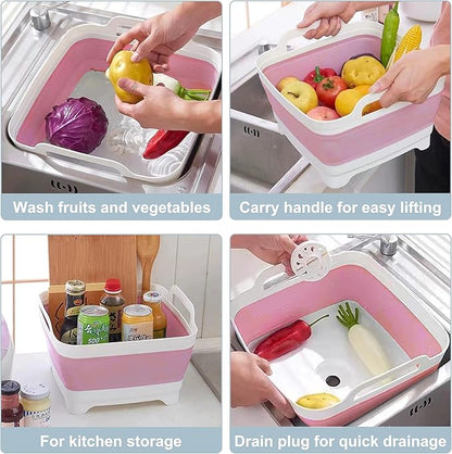 2.4 Gal(9L) Collapsible Dish Basin with Drain Plug, Space Saving Outdoor Multiuse Foldable Sink Tub, Dishpan, Kitchen Storage Tray for Camping, Vegetable Washing, RV (Pink)