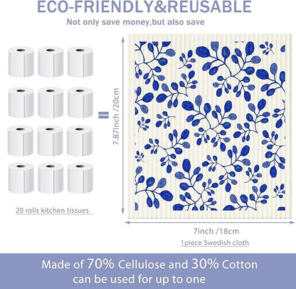 Cunhill 6 Pcs Swedish Kitchen Dish Cloths Kitchen Towels Reusable Sponge Cleaning Cloths Wipes Absorbent Dish Cloth Quick Drying Decor (Blue Leaves)