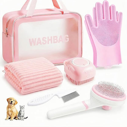 6PCS Dog Bath Kit & Dog Brush Kit for Dogs & Cats - Professional Pet Grooming Tools Set with Shedding Brush, Bath Scrubber, Dematting Comb & Storage Bag - Complete Dog Washing Essentials, Pink