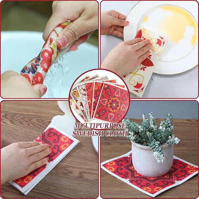WILLBOND 9 Pack Swedish Kitchen Dishcloths Reusable Absorbent Hand Towels Sponge Cloth for Baking Cooking Home Decoration Kitchen Holiday Red Christmas Xmas Gift