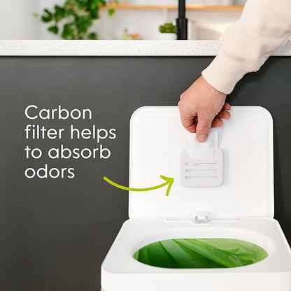 Compost Genie Kitchen Compost Bin, White Stainless-Steel Large, 3.6 Gallon, Indoor Odorless Composting, Hands-Free, Washable Parts, Includes 8 Tear-Off Compostable Bags and 4 Carbon Filters