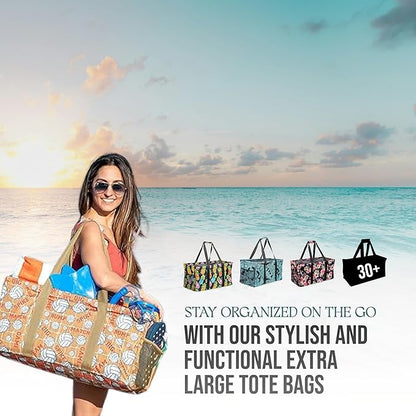 Extra Large Utility Tote Bag - Oversized Collapsible Reusable Wire Frame Rectangular Canvas Basket With Two Exterior Pockets For Beach, Pool, Laundry, Car Trunk, Storage - Damask Gray