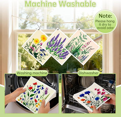 Swedish Dishcloths for Kitchen, 5 Pack Floral Flowers Reusable Paper Towels with 3 Hooks, Washable Dish Cloth Set, Absorbent Cleaning Cloth for Washing Dishes Housewarming Gifts for Friend