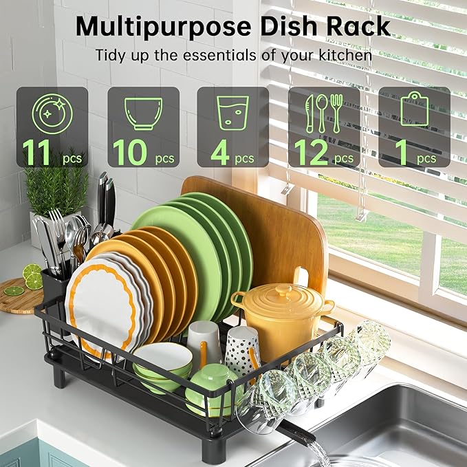Dish Drying Rack, Dish Racks for Kitchen Counter, Detachable Dish Drainer with Drainboard, Utensil Holder, Cup Holder, Space Saving Kitchen Drying Rack for Small Home and Appartment, Black