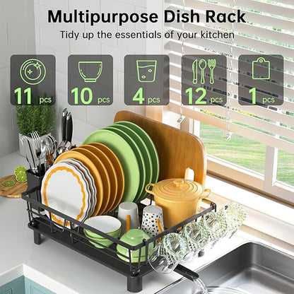Dish Drying Rack, Dish Racks for Kitchen Counter, Detachable Dish Drainer with Drainboard, Utensil Holder, Cup Holder, Space Saving Kitchen Drying Rack for Small Home and Appartment, Black