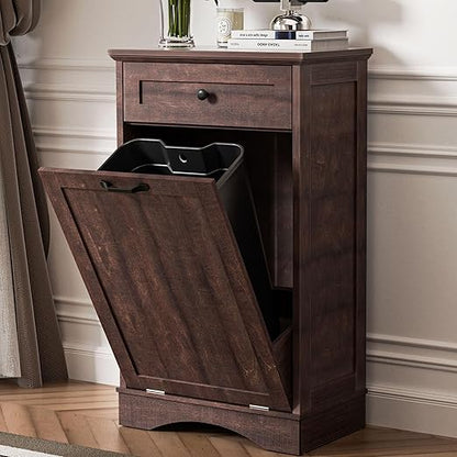AHB 13 Gallons Tilt Out Trash Cabinet Hidden Trash Can Cabinet Freestanding Garbage Recycling Cabinet with Hideaway Drawer Pet Proof Trash Bin for Kitchen Living Room, Brown