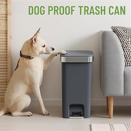 Bathroom Trash Can with Lid, 2.6 Gallon /10 Liter Small Garbage Can, Press Top Bin & Step Metal Pedal Trash Bin Plastic Wastebasket for Bedroom, Office, Kitchen, Dorm (Black Gray)