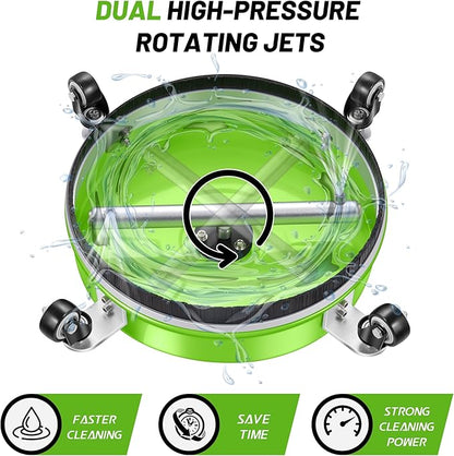 14" Pressure Washer Surface Cleaner with 4 Wheels - Coated Green Stainless Steel Surface Cleaner for Pressure Washer Attachment for Concrete, Patio, Sidewalk, Deck and Driveways - PWS14G