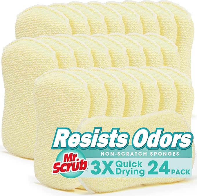 Mr. Scrub Sponges Kitchen Scrub Dish Sponge Scouring Pad, 24 Pack Cleaning Brush Scrubber Supplies for Soap, Dishwashing Dinnerware Sets Pan Pot Glass Dishwasher Sink Bathroom Towels Cloth Rags Holder