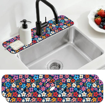 2 Pcs Floral Print Kitchen Sink Splash Guard Faucet Mat Plants Floral patterns Faucet Mat for Sinks Absorbing Drying Mats for Kitchen Bathroom, 23.6x5.5inch
