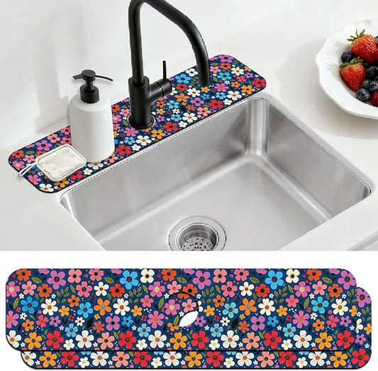 2 Pcs Floral Print Kitchen Sink Splash Guard Faucet Mat Plants Floral patterns Faucet Mat for Sinks Absorbing Drying Mats for Kitchen Bathroom, 23.6x5.5inch