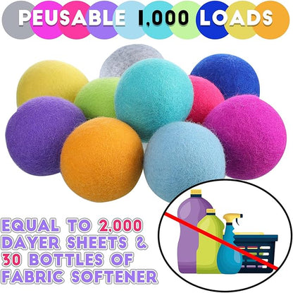 WILLBOND 10 Pack Wool Dryer Balls XL 3 Inch Reusable Laundry Natural No Lint Fabric Softener Replaces Dryer Sheets Wool Balls for Reduce Wrinkles Save Drying Time(Rainbow)