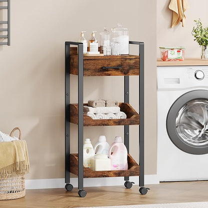 Hoctieon 3-Tier Rolling Storage Cart with Drawer, Rolling Utility Cart Organizer, Mobile Shelving Unit with Wheels, Metal Frame, Kitchen Utility Cart for Small Space, Office, Bathroom, Rustic Brown