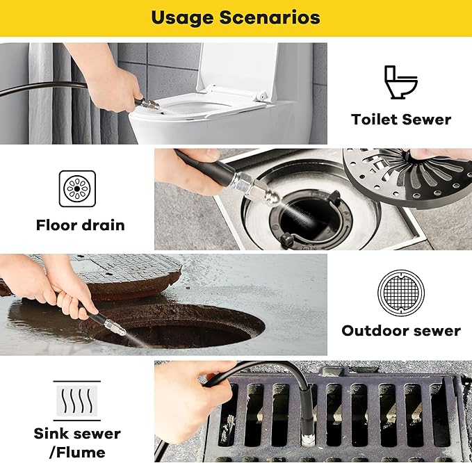 Pressure Washer Drain Jetter – Sewer Jetter Kit for Pressure Washer 150ft 1/4 Inch NPT Hose Nozzles and Adapter 5800PSI Clears Clogs in Pipes & Sewer Lines