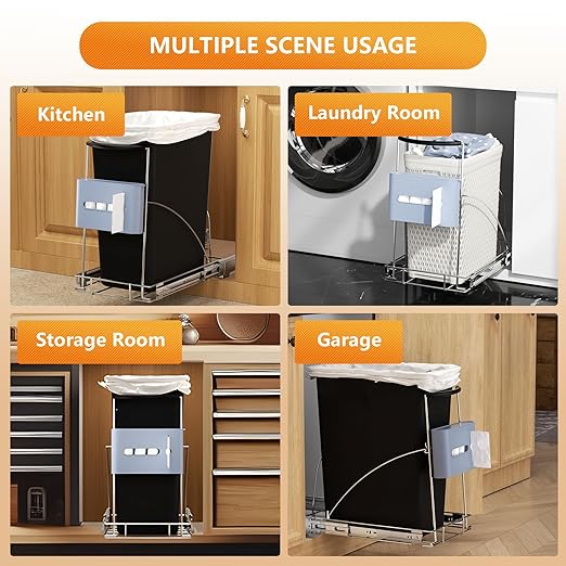 Pull Out Trash Can Under Cabinet with Garbage Bag Holder，Heavy Duty Under Sink Garbage Can Pull Out Kit-Up to 125 lb，Fit for 7–13 Gallon Cans ，Chrome (Trash Can Not Included)