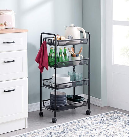 JANE EYRE Rolling Utility Storage Rack Cart on Wheels, Trolley Carft cart, Multi-Purpose Organizer Shelf (Black, 4 Tier)…