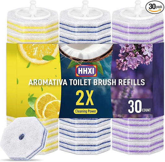 30Ct Aromative Toilet Brush Refills, Toilet Bowl Cleaner Refills, Double-Layer Cleaning Pads Added, Disposable Refill Heads for Toilet Bowl Cleaner Wands，Lemon, Blue Ocean, Lavender （Patented）