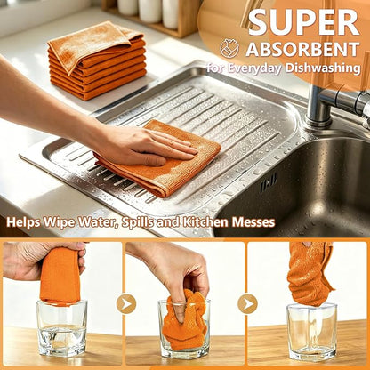 Kitchen Dish Cloths, 12 Pack, 10 x 10 Inches, Super Absorbent Kitchen Towels, Soft Lint Free Reusable Dish Cloths for Nonstick Cookware, Counters and Sink, Orange
