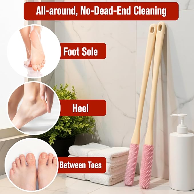 2 Pack Toe Cleaning Brush - Long Handled Portable Silicone Gap Brushes, Soft Rubber Exfoliating Foot Scrubber for Bath Shower, Crevice Gentle Cleaner for Seniors Elderly Men & Women Feet Scrub, Pink