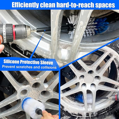 Car Wheel Brush Kit, Soft Drill Wheel Cleaner Brush, Tire Brush, Detailing Brush, and Detailing Pads, No Scratches Car Wheel Cleaning Kit for Wheels, Tires, Rims, Engines, Exhaust(Blue+White, 6 Pack)
