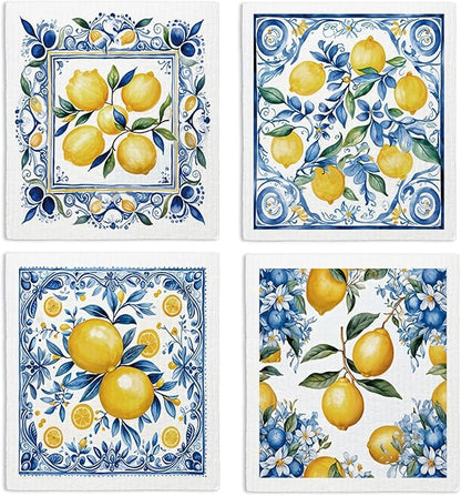 Swedish Dishcloths for Kitchen, Papaya Reusable Paper Towels Washable, Summer Lemon Vintage Floral Swedish DishCloths for Friut, 4 Pack Dish Towels for Kitchen, No Odor Cleaning Cloths