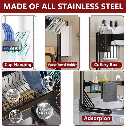 VNKZI Over Sink Dish Drying Rack, 2 Tier Full Stainless Steel Storage Adjustable Length (25.98'' to 36.61'') Kitchen Rack, Multifunctional Expandable Counter Organizer, Space Saver Dish Rack