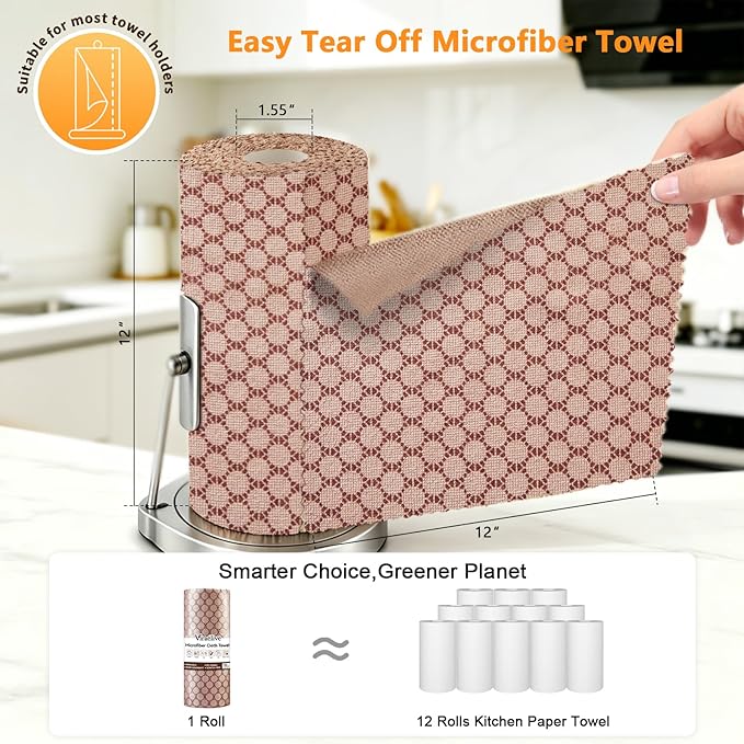 Microfiber Cleaning Cloth Roll, 50 Tear-Away Sheets, Reusable & Washable, Lint-Free, Non-Scratch Highly Absorbent Cleaning Cloths for Kitchen, Home, Window & Screens, Brown Dot, 12 x 12 in