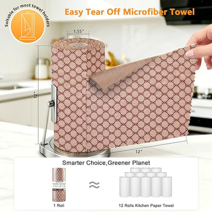 Microfiber Cleaning Cloth Roll, 50 Tear-Away Sheets, Reusable & Washable, Lint-Free, Non-Scratch Highly Absorbent Cleaning Cloths for Kitchen, Home, Window & Screens, Brown Dot, 12 x 12 in