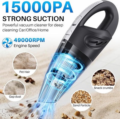 Handheld Cordless Car Vacuum Cleaner, 15000PA Powerful Suction Hand Held Cleaner Rechargeable, Portable Hand Vacuum with Multi-Nozzle, Washable Filter & Storage Case for Home, Office, Car, Pets