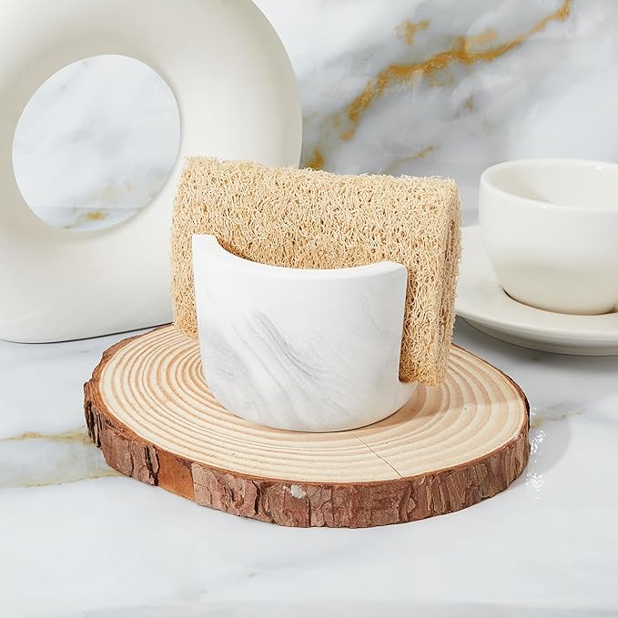 Diatomite Sponge Holder for Kitchen Sink Counter, Quick Drying, Fast Water Absorbent Stone Tray, 1 Slot Dish Sponge Rack, Kitchen Organizer, White Marble Pattern