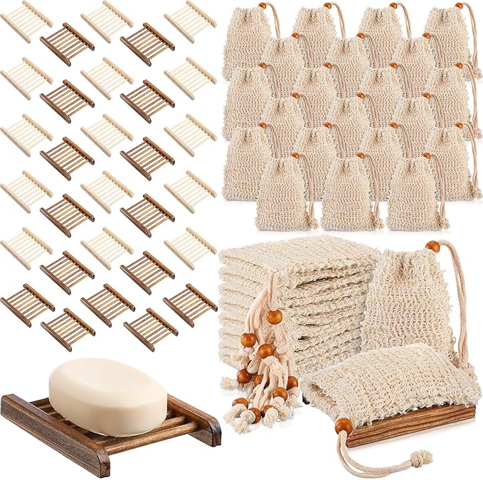 Soap Exfoliating Bag Holder Set Included Bathroom Wooden Soap Dish Pine Wood Soap Holder Tray Natural Bar Soap Pouch Mesh Bath Soap Saver Bag Container (Wood Color, Carbonized Color, 60 Pcs)