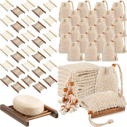 Soap Exfoliating Bag Holder Set Included Bathroom Wooden Soap Dish Pine Wood Soap Holder Tray Natural Bar Soap Pouch Mesh Bath Soap Saver Bag Container (Wood Color, Carbonized Color, 60 Pcs)