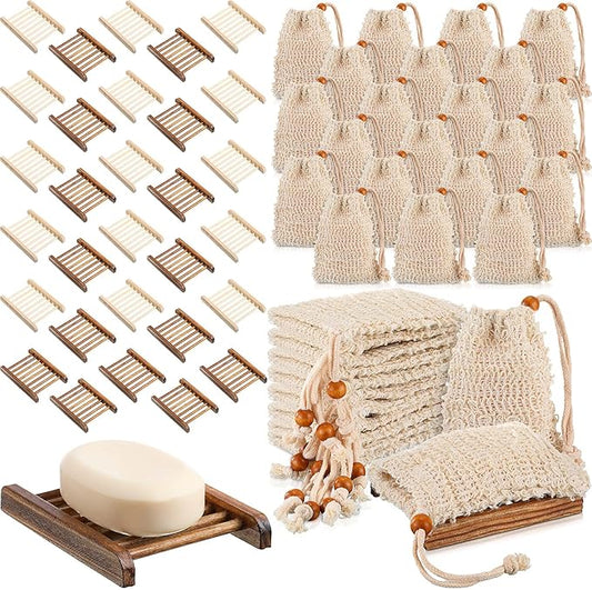 Soap Exfoliating Bag Holder Set Included Bathroom Wooden Soap Dish Pine Wood Soap Holder Tray Natural Bar Soap Pouch Mesh Bath Soap Saver Bag Container (Wood Color, Carbonized Color, 60 Pcs)