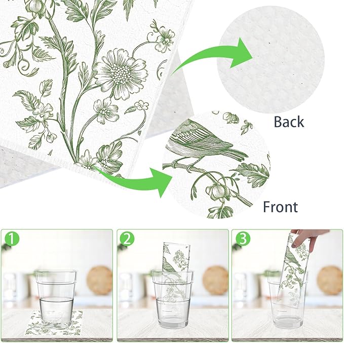 Swedish Dishcloths for Kitchen, 6PCS Sage Green Floral Birds Cellulose Sponge Reusable Paper Towels Washable, Greenery Absorbent Fast Drying Swedish Dish Cloth for Home Cleaning