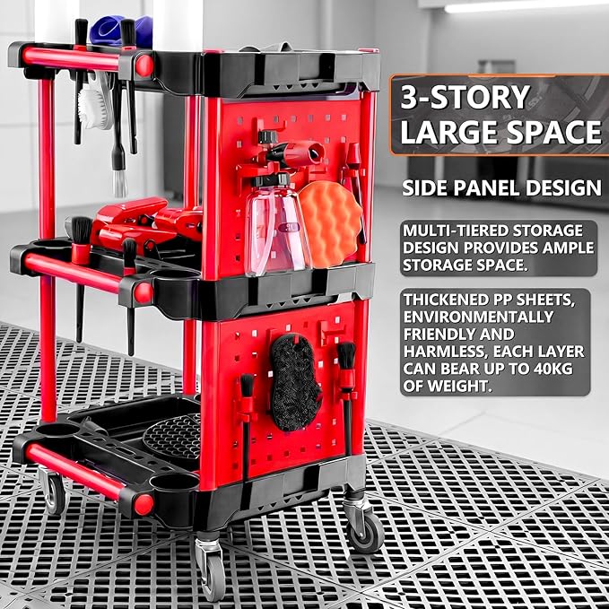 Auto Detailing Cart with Wheels, 3 Tier Rolling Detail Cart with Long Hanging Plate & Hooks & Brush & Towel and Gloves, for Detailers Garage, Workshop, Repair Shop, Storage Tool