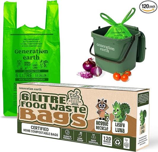 120 Bags 1.6 Gallon (6L) | Tie Handle Compostable Food Waste Bags | BPI Certified Kitchen Countertop Compost Bin Liners | Extra Strong Biodegradable Caddy Bags | Generation earth