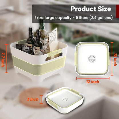 MontNorth 2.4 Gal Collapsbile Wash Basin with Drian Plug,9L Dish Pan for Soaking Baby Bottles,Portable Sink, Multiuse Foldable Bucket,Ice Beverage Tubs for Camping, Vegetable Washing, RV (Green)