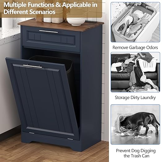 Single 10 Gallon Tilt Out Trash Can Cabinet with Deodorizing Function, Wooden Hidden Garbage Can Holder with Storage Drawers for Kitchen and Dining Room, Laundry Hamper Cabinet for Bathroom, Blue