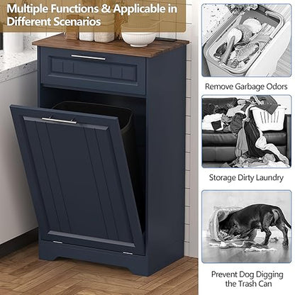 Single 10 Gallon Tilt Out Trash Can Cabinet with Deodorizing Function, Wooden Hidden Garbage Can Holder with Storage Drawers for Kitchen and Dining Room, Laundry Hamper Cabinet for Bathroom, Blue
