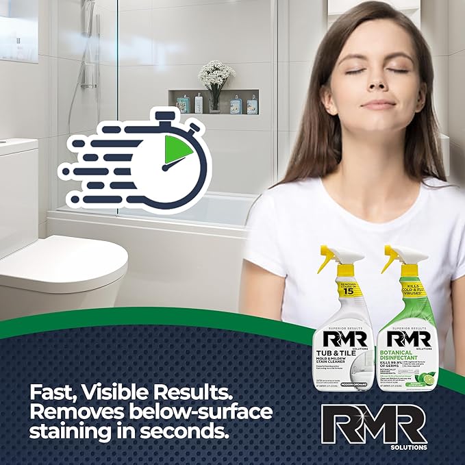 RMR Germ & Grime Guard Bundle – Tub & Tile Mold & Mildew Stain Remover + Botanical Disinfectant Cleaner, 2-Step Bathroom & Home Cleaning for Tile, Grout, Shower, Counters & More, 2–32 Oz Bottles