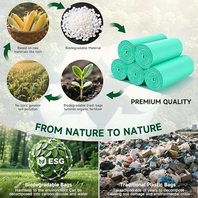 1.2 Gallon Small Biodegradable Trash Bags - Green Mini Garbage Bags (Fit 1-1.3 Gallon) 5 Liter 100 Count Unscented Compostable Tiny Little Waste Basket Kitchen Office Bathroom Liner Heihaily